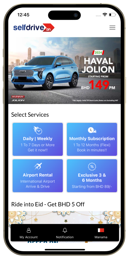 A cell phone showing a SelfDrive UK car rental application with offers and booking options