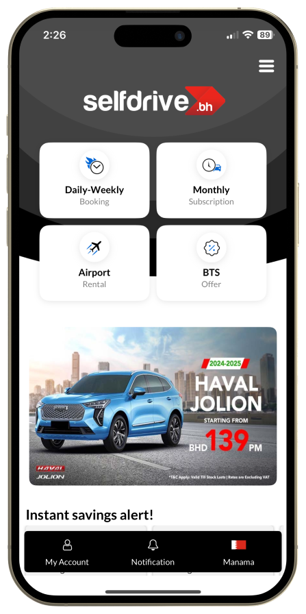 A cell phone showing a SelfDrive car rental application with offers and booking options
