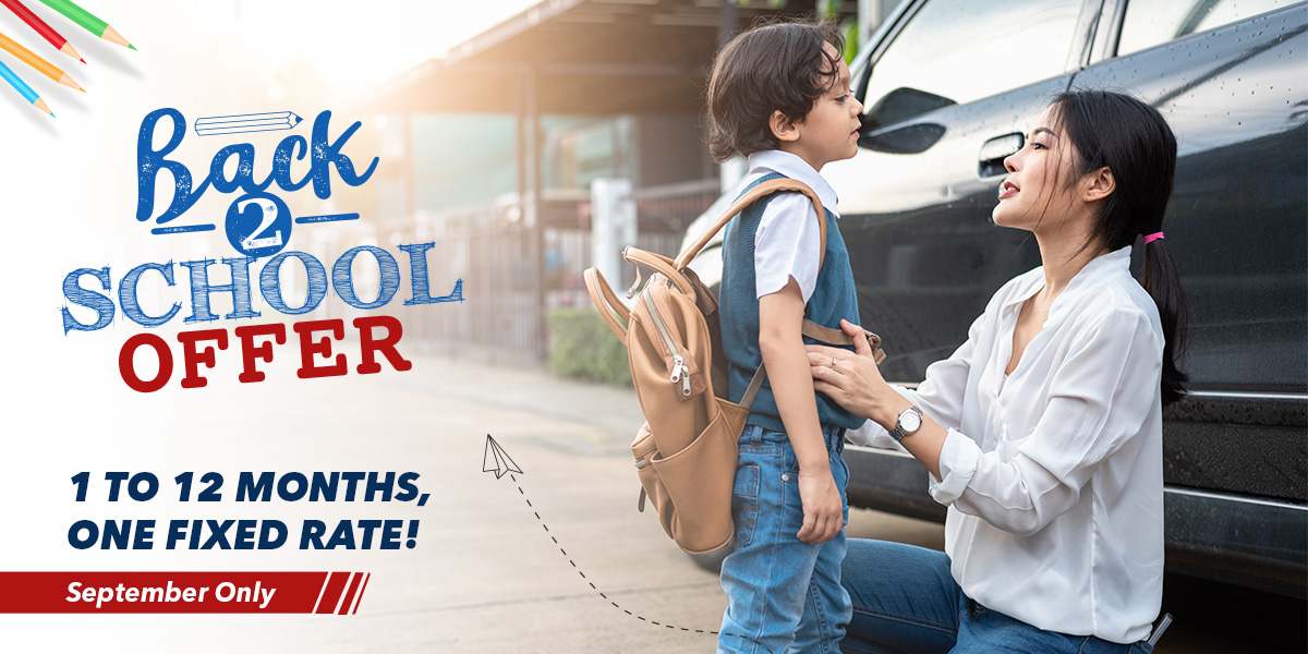 A woman kneels by a car, smiling at a child wearing a backpack. Text reads "Back to School Offer," emphasizing a fixed rate for September. Energetic and supportive scene.