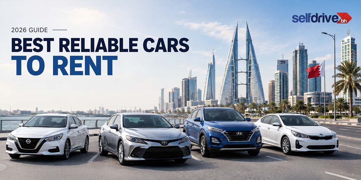 Four cars are lined up on a road with a modern city skyline and tall skyscrapers in the background. Text reads "2026 Guide: Best Reliable Cars to Rent."