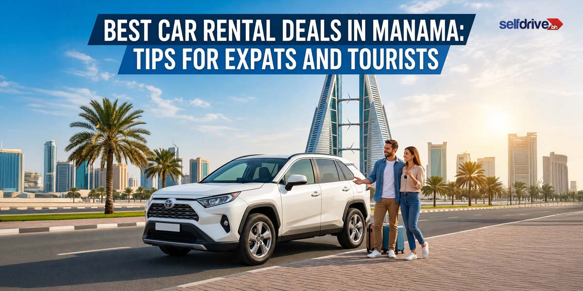 A couple stands beside a white SUV with palm trees and city skyscrapers in the background. Text reads,